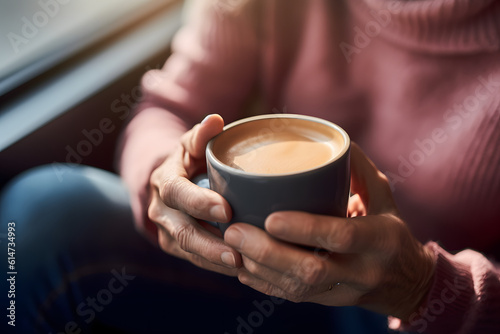 A man s hands holding a cup of coffee  no face