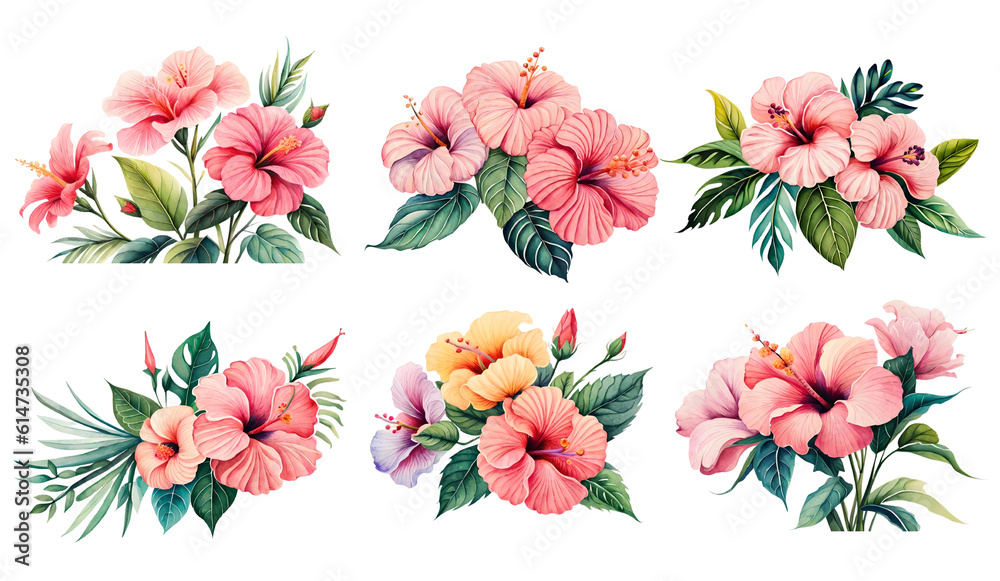 Watercolor hibiscus flower set. Generative Ai