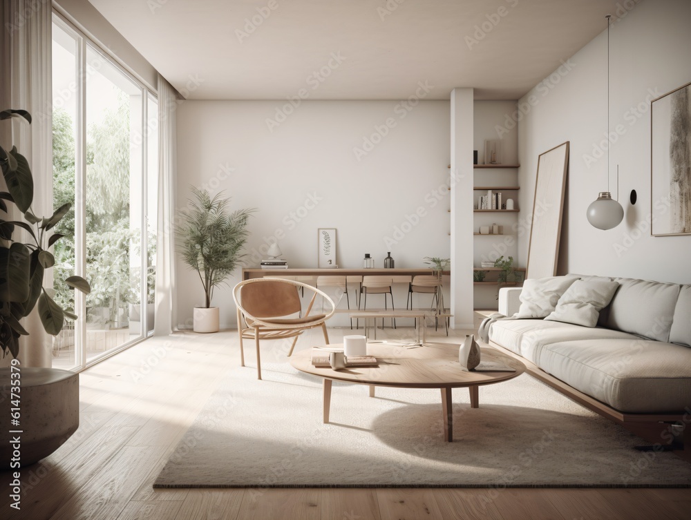 Fototapeta premium A minimalist living room with a clean white palette, simple furniture, and no clutter, bathed in soft natural light . Generative AI
