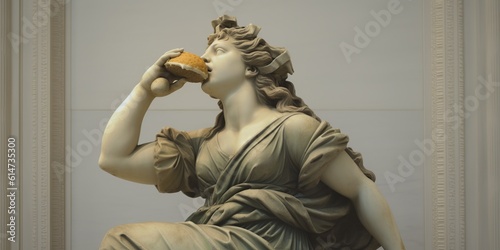 Fototapete Statue of a person eating hamburger, concept of Fast food culture, created with