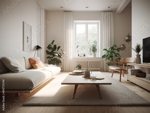 A minimalist living room with a clean white palette, simple furniture, and no clutter, bathed in soft natural light . Generative AI © XtravaganT