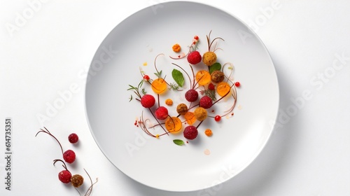 A minimalist presentation of a dish with few ingredients, beautifully plated on a white dish against a white background . Generative AI