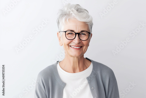 Beautiful 60s mid aged mature woman looking at camera. Mature old lady close up portrait on a white background