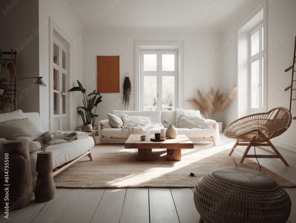 Fototapeta premium A minimalist living room with a clean white palette, simple furniture, and no clutter, bathed in soft natural light . Generative AI