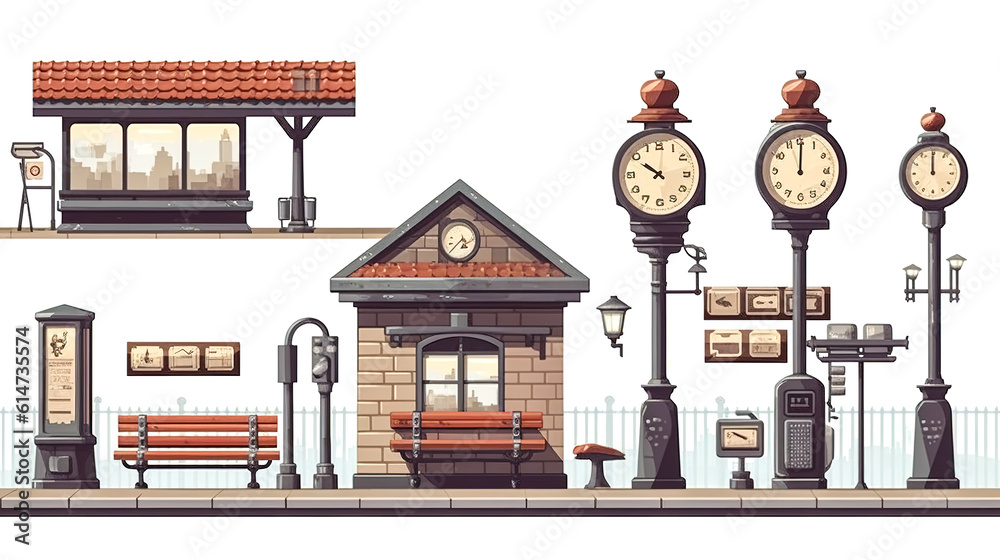 Illustration with train station details, generative AI. Illustration with train station details, generative AI.