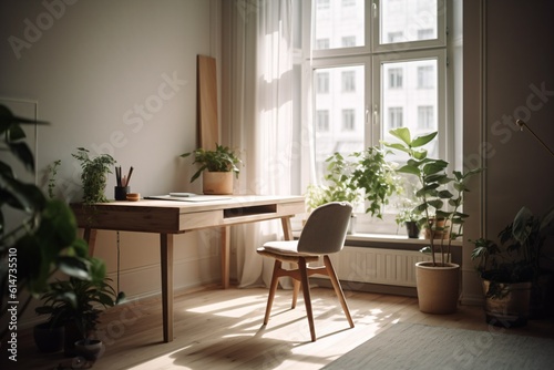 A minimalist home office with a simple wooden desk  a laptop  a pot of green plants  and a large window inviting lots of natural light . Generative AI