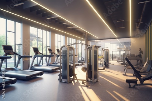 3D render of a state-of-the-art fitness facility, featuring well-equipped workout areas, modern exercise machines, and motivated individuals engaged in various fitness activities. Generative AI