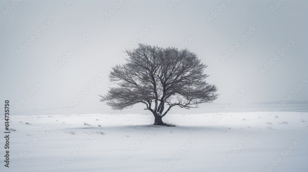 A minimalist shot of a lone tree against the stark contrast of a snow-covered landscape . Generative AI A minimalist shot of a lone tree against the stark contrast of a snow-covered landscape . Generative AI