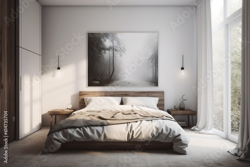 A minimalist bedroom with a white palette, a simple bed with clean lines, and a single piece of art hanging on the wall . Generative AI © XtravaganT