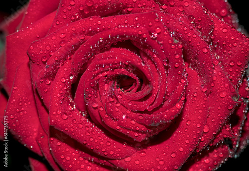 Water drops on red rose petals close up
