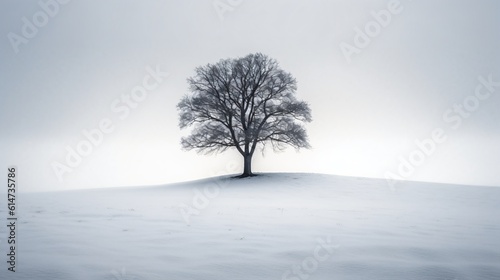 A minimalist shot of a lone tree against the stark contrast of a snow-covered landscape . Generative AI