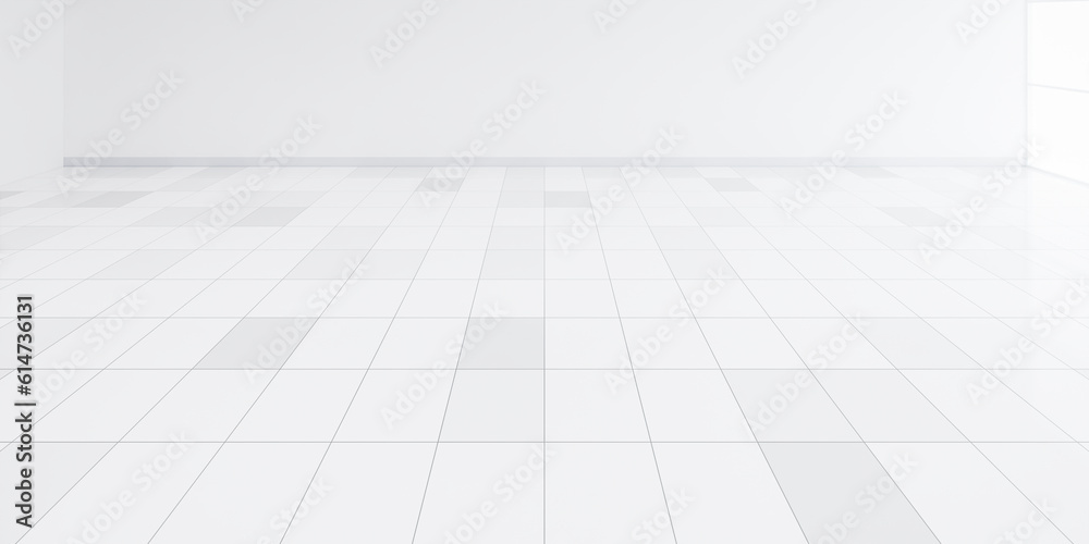 3d rendering of white tile floor with grid line of square texture pattern in perspective. Clean shiny surface. Interior home design for bathroom, kitchen and laundry room. Empty space for background. - obrazy, fototapety, plakaty 