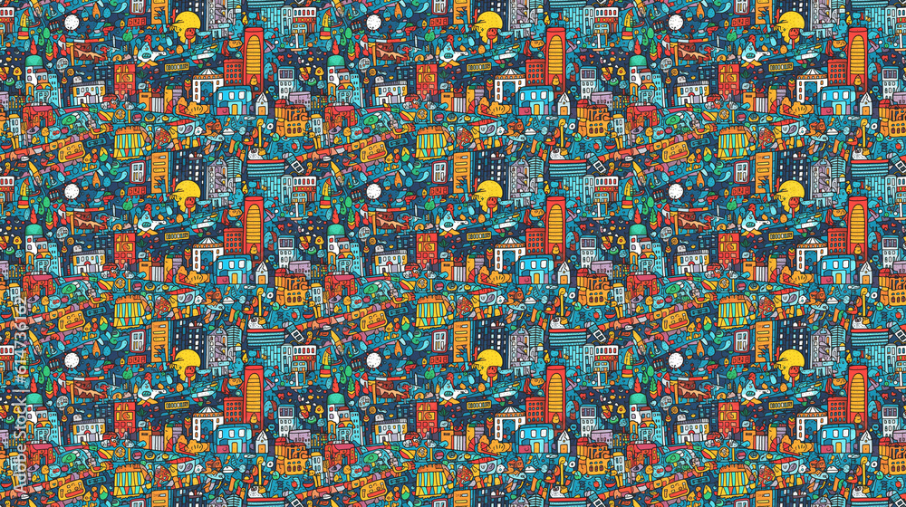 Seamless pattern of cities for children, created with generative AI technology