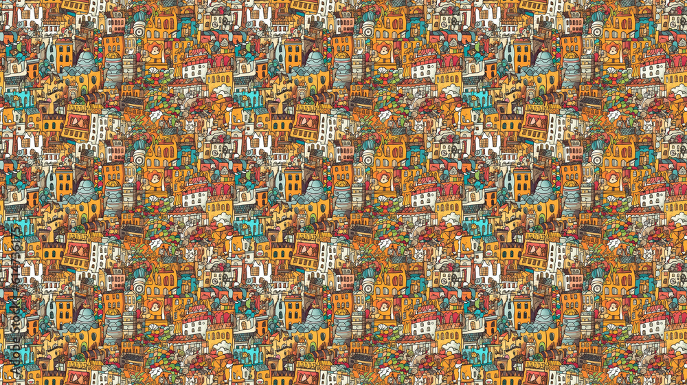 Seamless pattern of cities for children, created with generative AI technology Seamless pattern of cities for children, created with generative AI technology