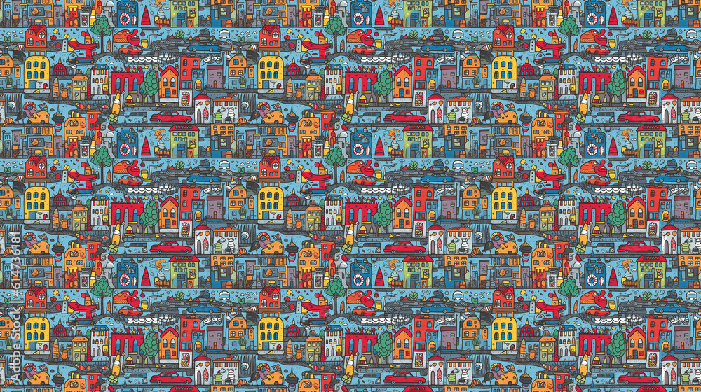 Seamless pattern of cities for children, created with generative AI technology