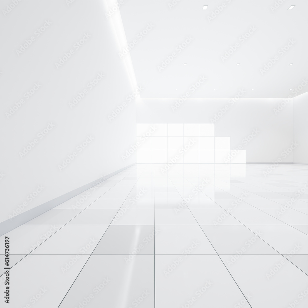 3d rendering of white tile floor in perspective, empty space or room, light from window. Modern interior home design of living room, look clean, bright, surface with texture pattern for background. 3d rendering of white tile floor in perspective, empty space or room, light from window. Modern interior home design of living room, look clean, bright, surface with texture pattern for background.