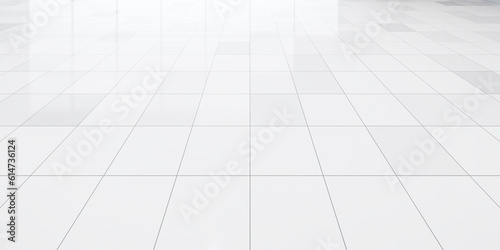 3d rendering of white tile floor with grid line of square texture pattern in perspective. Clean shiny surface. Interior home design for bathroom, kitchen and laundry room. Empty space for background.