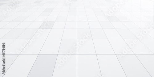 3d rendering of white tile floor with grid line of square texture pattern in perspective. Clean shiny surface. Interior home design for bathroom, kitchen and laundry room. Empty space for background. photo