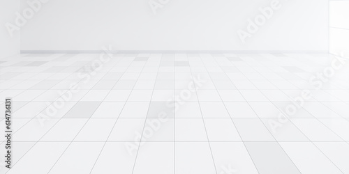 Fototapeta Naklejka Na Ścianę i Meble -  3d rendering of white tile floor with grid line of square texture pattern in perspective. Clean shiny surface. Interior home design for bathroom, kitchen and laundry room. Empty space for background.