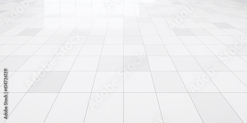 3d rendering of white tile floor with grid line of square texture pattern in perspective. Clean shiny surface. Interior home design for bathroom, kitchen and laundry room. Empty space for background. © DifferR