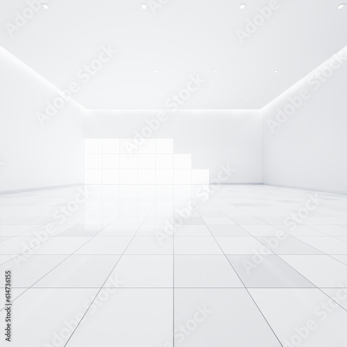 3d rendering of white empty space in room, ceramic tile floor in perspective, window and ceiling strip light. Interior home design look clean, bright, shiny surface with texture pattern for background