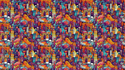 Seamless pattern of cities for children  created with generative AI technology