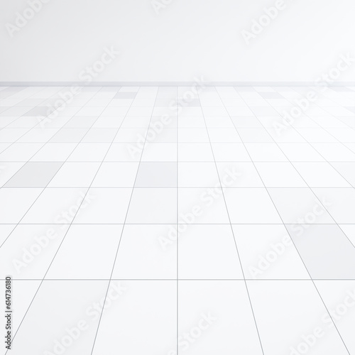 3d rendering of white tile floor with grid line of square texture pattern in perspective. Clean shiny surface. Interior home design for bathroom, kitchen and laundry room. Empty space for background.