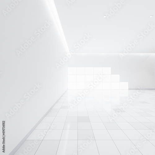 3d rendering of white empty space in room  ceramic tile floor in perspective  window and ceiling strip light. Interior home design look clean  bright  shiny surface with texture pattern for background