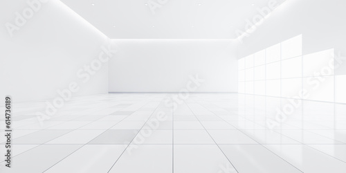 Fototapeta Naklejka Na Ścianę i Meble -  3d rendering of white empty space in room, ceramic tile floor in perspective, window and ceiling strip light. Interior home design look clean, bright, shiny surface with texture pattern for background