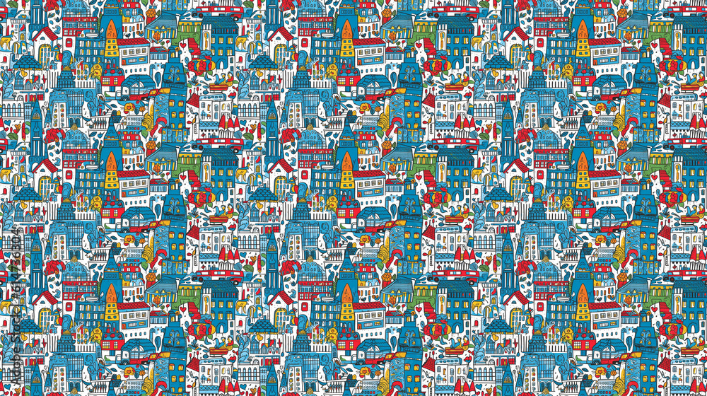 Seamless pattern of cities for children, created with generative AI technology Seamless pattern of cities for children, created with generative AI technology