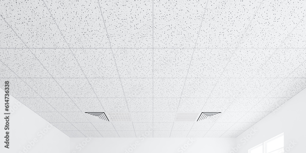 3d rendering of white ceiling in perspective with texture of acoustic gypsum board, air conditioner, lighting fixture or panel light, pattern of square grid structure. Interior design for building.
 - obrazy, fototapety, plakaty 