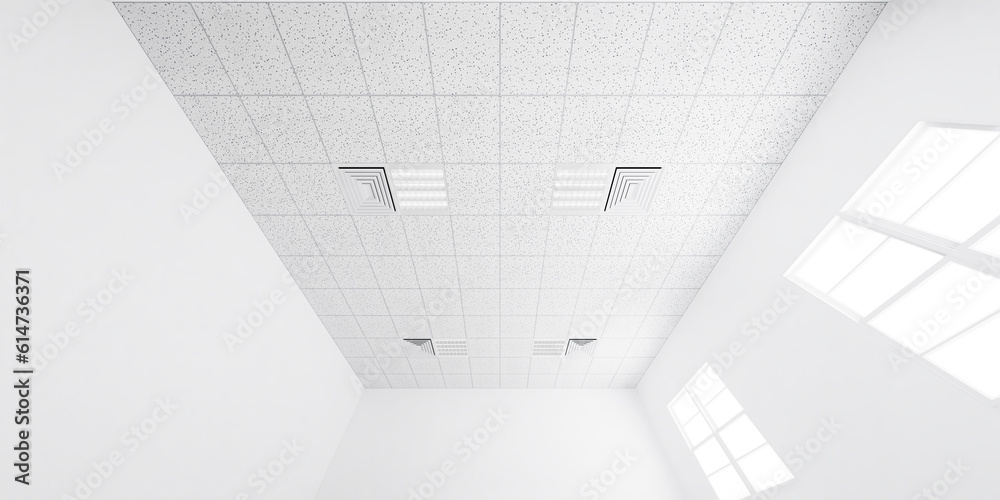 3d rendering of white ceiling in perspective with texture of acoustic gypsum board, air conditioner, lighting fixture or panel light, pattern of square grid structure. Interior design for building.
 - obrazy, fototapety, plakaty 