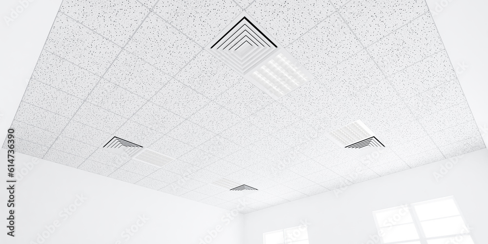 3d rendering of white ceiling in perspective with texture of acoustic gypsum board, air conditioner, lighting fixture or panel light, pattern of square grid structure. Interior design for building.
3d rendering of white ceiling in perspective with texture of acoustic gypsum board, air conditioner, lighting fixture or panel light, pattern of square grid structure. Interior design for building.