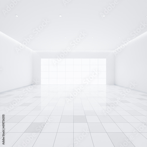 3d rendering of white tile floor in perspective  empty space or room  light from window. Modern interior home design of living room  look clean  bright  surface with texture pattern for background.