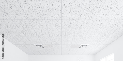 3d rendering of white ceiling in perspective with texture of acoustic gypsum board, air conditioner, lighting fixture or panel light, pattern of square grid structure. Interior design for building.

