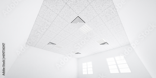 3d rendering of white ceiling in perspective with texture of acoustic gypsum board, air conditioner, lighting fixture or panel light, pattern of square grid structure. Interior design for building.
