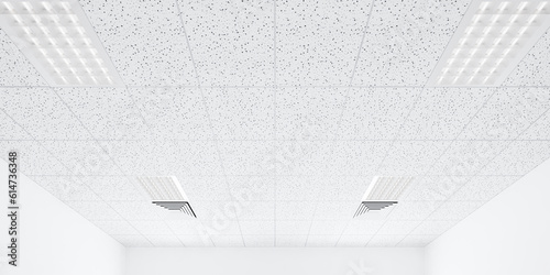 Canvas-taulu 3d rendering of white ceiling in perspective with texture of acoustic gypsum board, air conditioner, lighting fixture or panel light, pattern of square grid structure