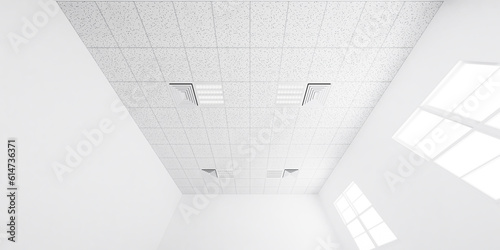 3d rendering of white ceiling in perspective with texture of acoustic gypsum board, air conditioner, lighting fixture or panel light, pattern of square grid structure. Interior design for building. 