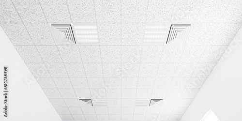 3d rendering of white ceiling in perspective with texture of acoustic gypsum board, air conditioner, lighting fixture or panel light, pattern of square grid structure. Interior design for building. 
