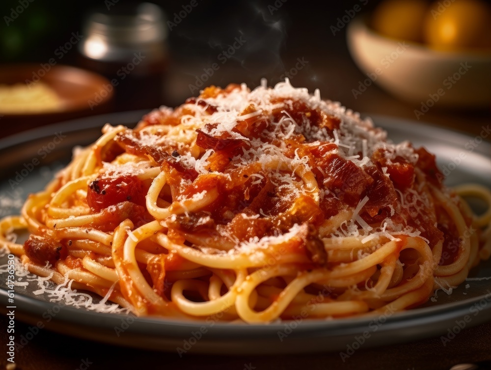 Fototapeta premium Pasta all'Amatriciana with tomato sauce, guanciale, and Pecorino cheese on a plate
