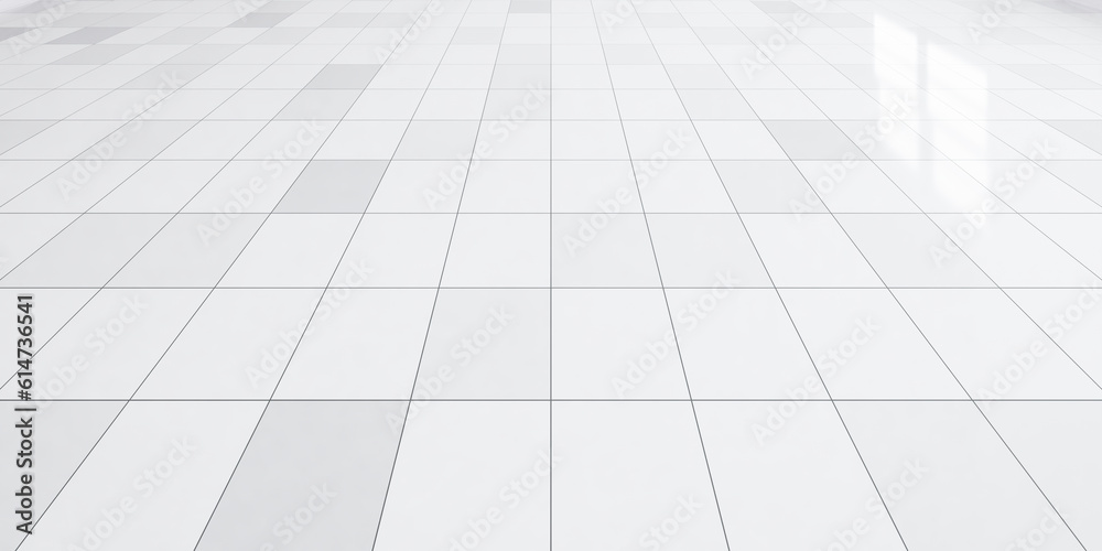 3d rendering of white tile floor with texture pattern in perspective. Clean shiny of ceramic surface. Modern interior home design for bathroom, kitchen and laundry room. Empty space for background. 3d rendering of white tile floor with texture pattern in perspective. Clean shiny of ceramic surface. Modern interior home design for bathroom, kitchen and laundry room. Empty space for background.