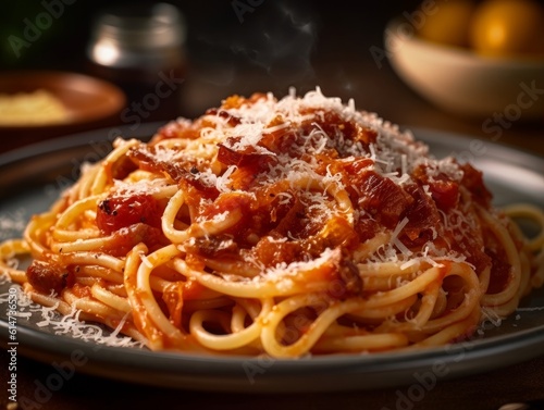 Pasta all'Amatriciana with tomato sauce, guanciale, and Pecorino cheese on a plate