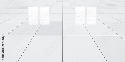 Fototapeta Naklejka Na Ścianę i Meble -  3d rendering of white tile floor in perspective, empty space or room, light from window. Modern interior home design of living room, look clean, bright, surface with texture pattern for background.