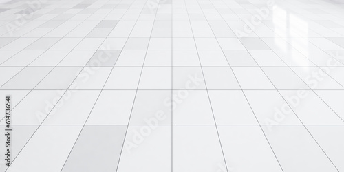 3d rendering of white tile floor with texture pattern in perspective. Clean shiny of ceramic surface. Modern interior home design for bathroom, kitchen and laundry room. Empty space for background.