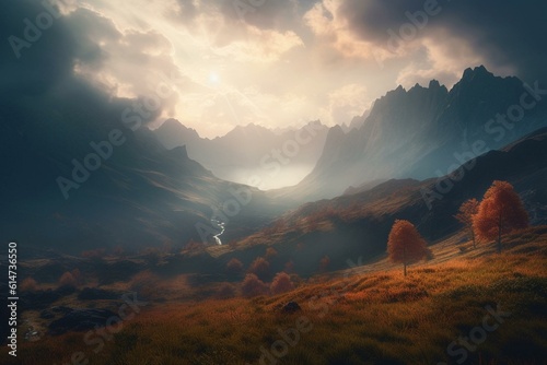 A misty mountain range beyond a dreamlike landscape with a rainbow sky. Generative AI