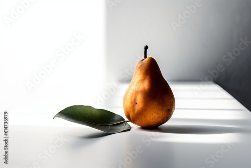 A minimalist still life of a single pear against a white background, highlighting its simple shape and color . Generative AI