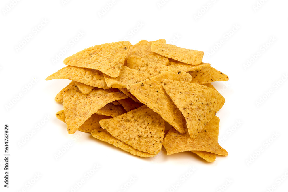 Mexican nachos chips, corn tortilla crisps, isolated on white background. Mexican nachos chips, corn tortilla crisps, isolated on white background.