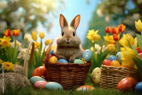 A bunny nestled in a lush meadow adorned with daffodils, tulips, and colorful Easter baskets, evoking a sense of serenity and the joy of Easter celebrations. 3d render. Generative AI