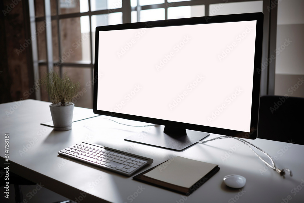 Fototapeta premium Workspace desk and laptop. copy space and blank screen. AI Generative