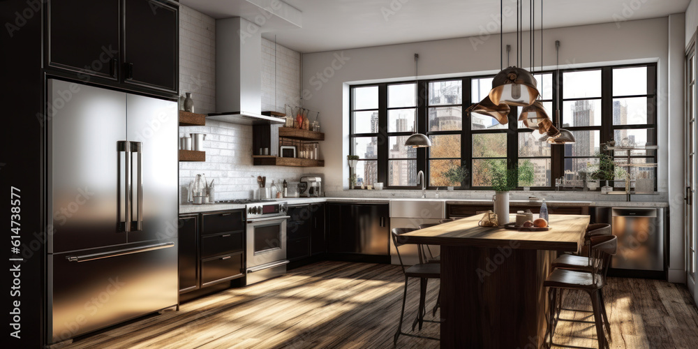 modern nordic kitchen in loft apartment. AI Generative